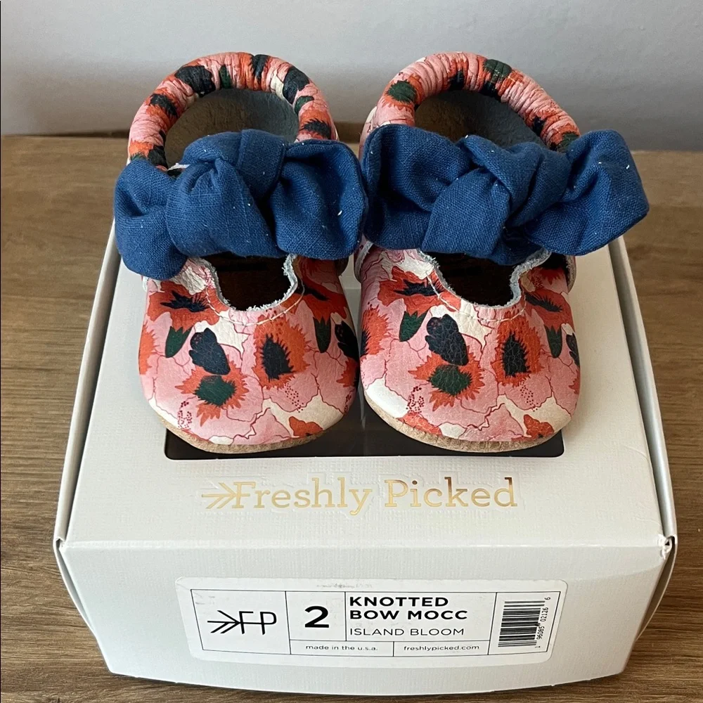 Freshly Picked Pink Floral Moccasins with Navy Knotted Bow